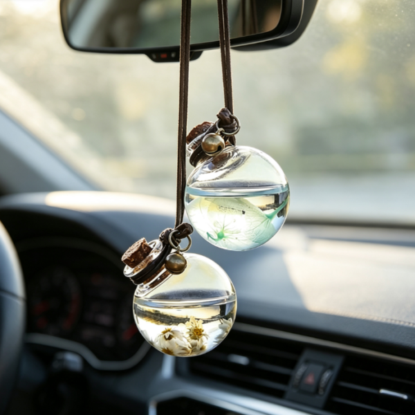 Car-Mounted Preserved Flower Glass Hanging Diffuser Bottle – Rearview Mirror Fragrance Pendant