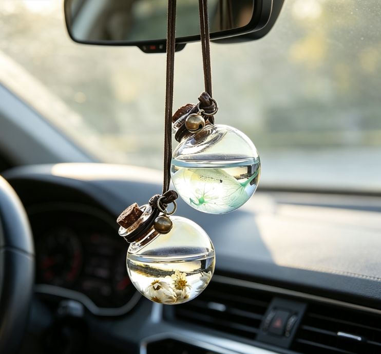 Car-Mounted Preserved Flower Glass Hanging Diffuser Bottle – Rearview Mirror Fragrance Pendant