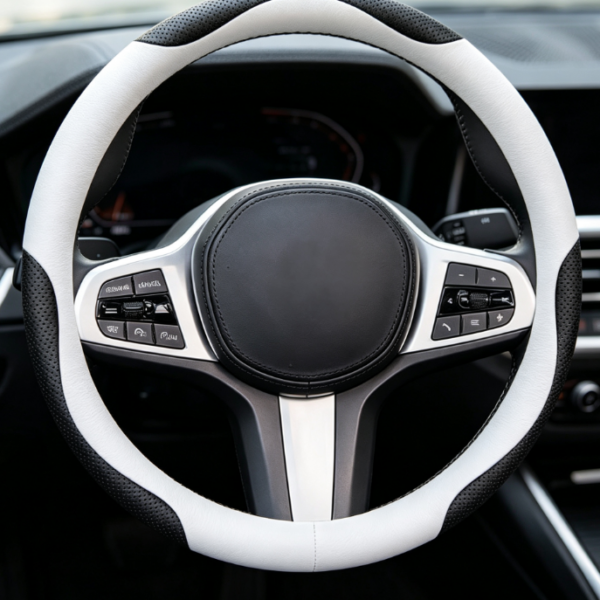 Black & White Perforated Leather-Look Steering Wheel Cover – Non-Slip, All-Season