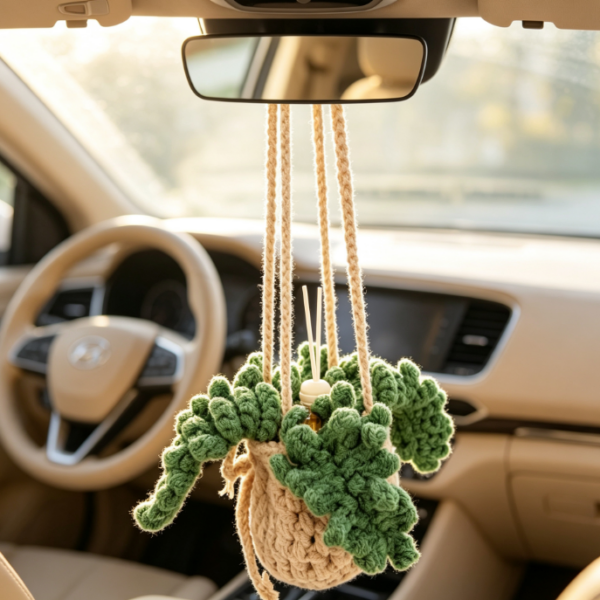 Handmade Crocheted Potted Plant Car Air Freshener Pendant with Glass Diffuser