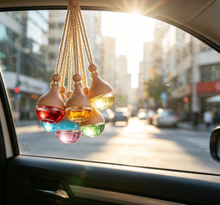 Multi-Bottle Set Teardrop-Topped Spherical Glass Car Diffuser – Natural Wood Cap Rearview Mirror Hanging Bottle - Image 2