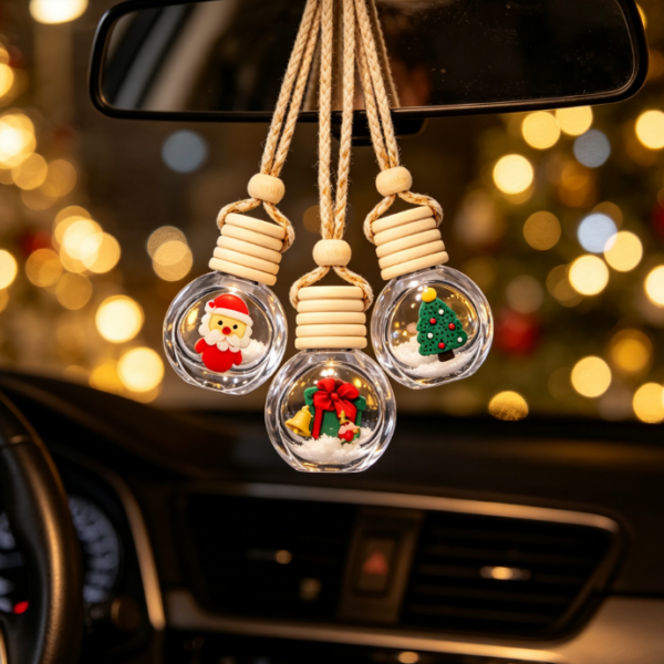 Christmas-Themed Spherical Glass Car Diffuser – Festive Rearview Mirror Hanging Fragrance Bottle