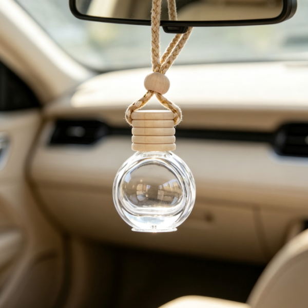 Oval-Profile Spherical Glass Car Diffuser Bottle – Natural Wood Cap & Braided Cord