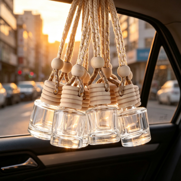 Multi-Piece Set – Short Square Glass Car Diffuser Bottle with Natural Wood Cap & Braided Cord