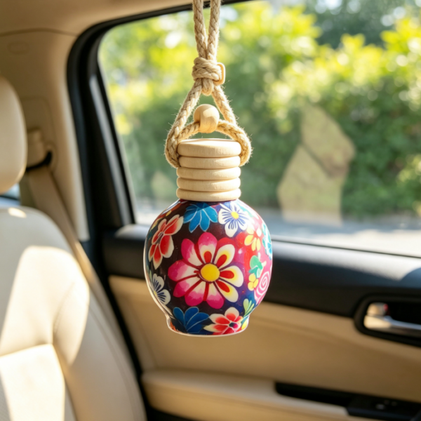 Hand-Painted Floral Spherical Car Diffuser Bottle – Artistic Rearview Mirror Hanging Fragrance Bottle
