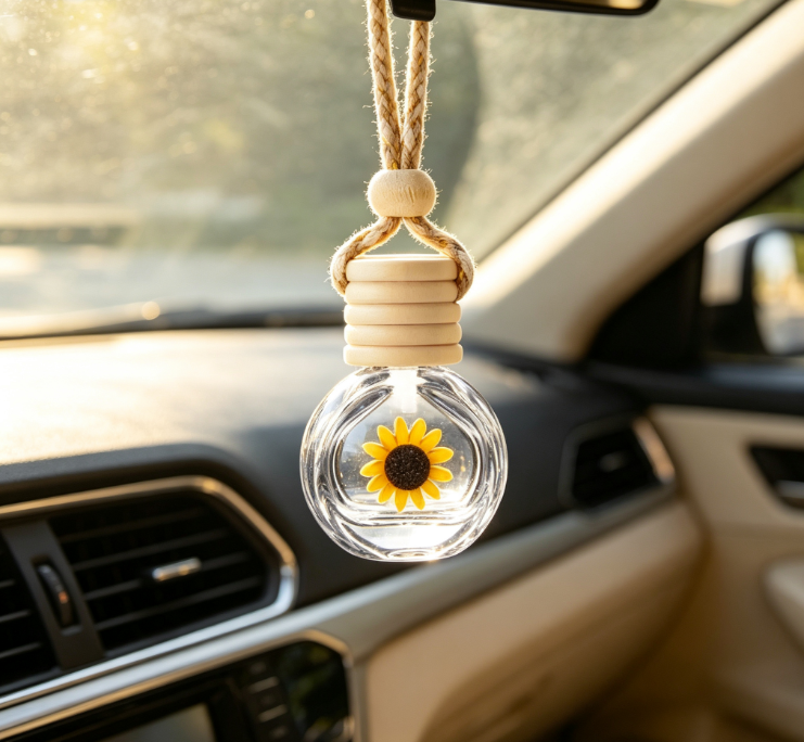 Sunflower-Embedded Glass Car Aromatherapy Pendant – Rearview Mirror Hanging Diffuser - Image 2