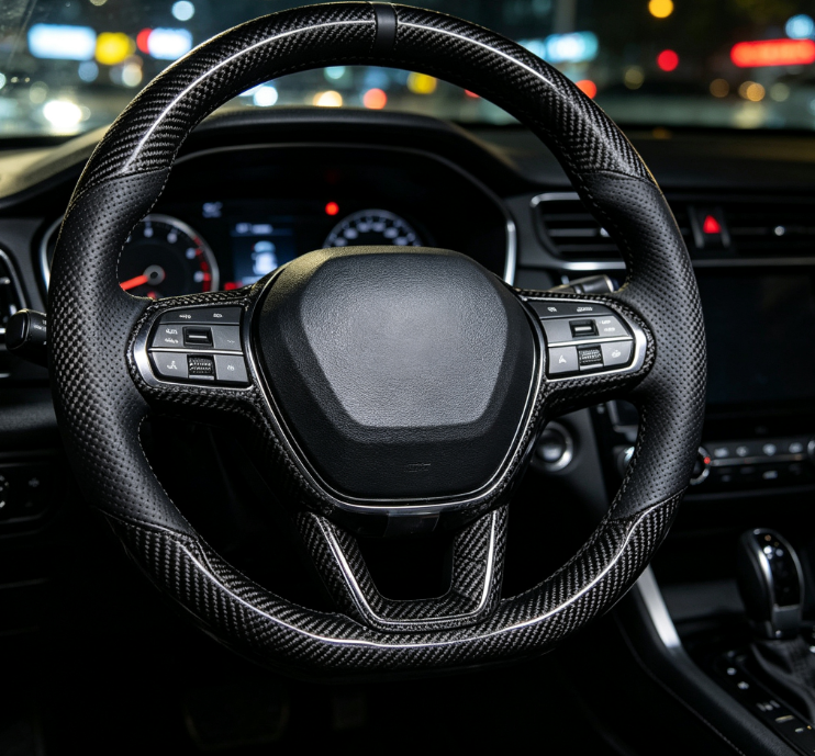 Carbon Fiber Texture & Leather Spliced Steering Wheel Cover – Sporty, Non-Slip Protection - Image 2