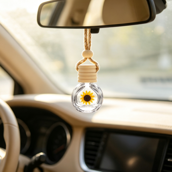 Sunflower-Embedded Glass Car Aromatherapy Pendant – Rearview Mirror Hanging Diffuser