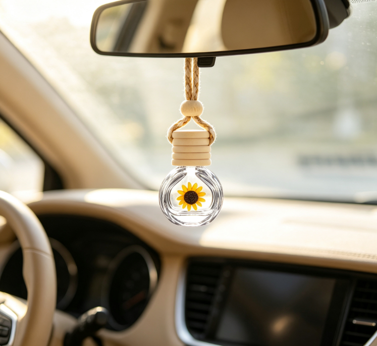 Sunflower-Embedded Glass Car Aromatherapy Pendant – Rearview Mirror Hanging Diffuser