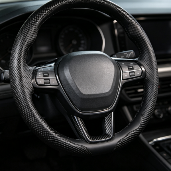 Carbon Fiber Texture & Leather Spliced ​​Steering Wheel Cover – Sporty, Non-Slip Protection