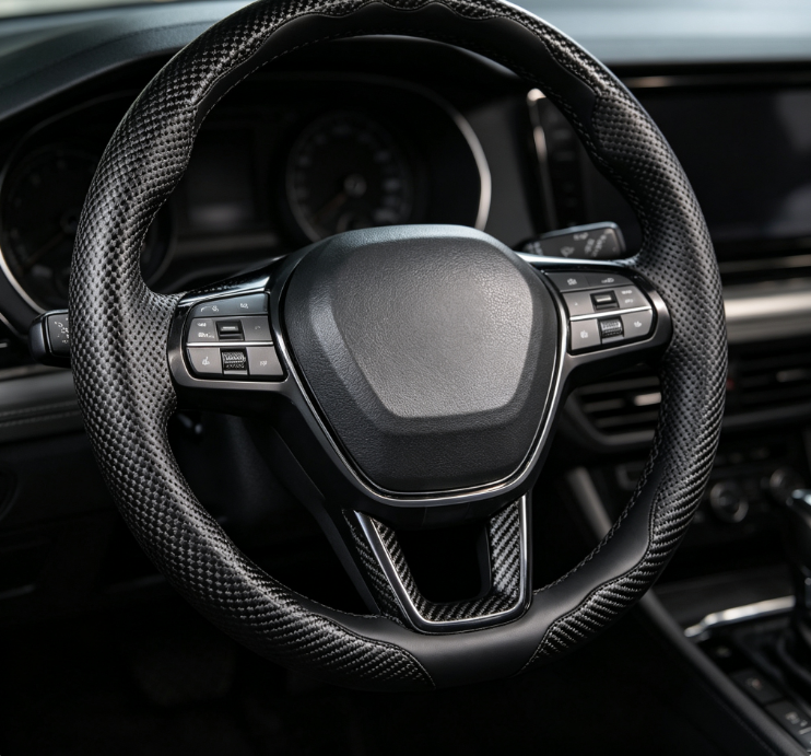 Carbon Fiber Texture & Leather Spliced Steering Wheel Cover – Sporty, Non-Slip Protection