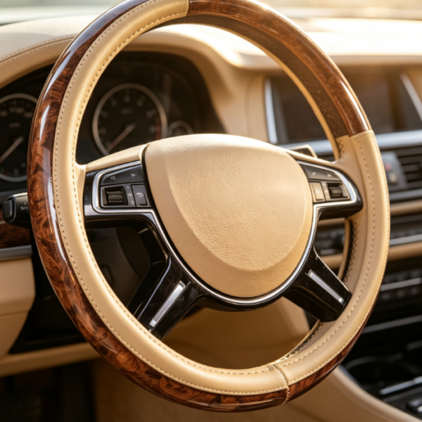 Wood-Grain & Beige Leather Spliced ​​Steering Wheel Cover – Vintage-Style Luxury