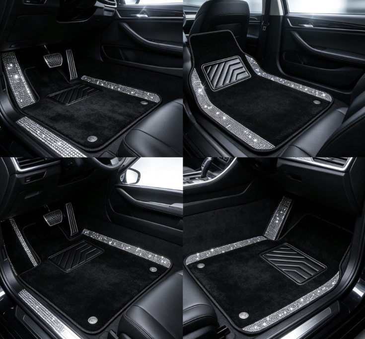 Black Velvet Car Floor Mat Set with Rhinestone Trim – Stylish Interior Accessory - Image 2