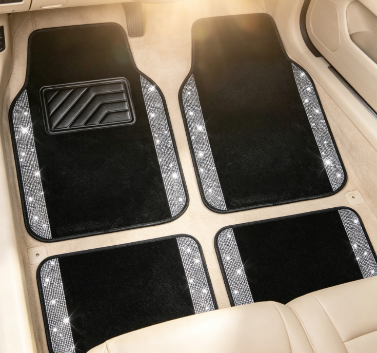 Black Velvet Car Floor Mat Set with Rhinestone Trim – Stylish Interior Accessory