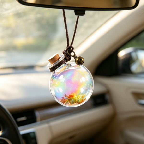 Iridescent Dried Flower Glass Car Diffuser – Rearview Mirror Hanging Ornament