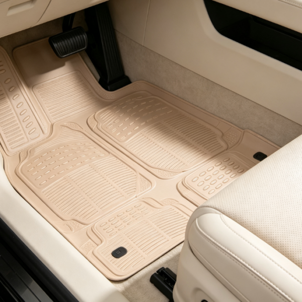 Beige Full-Coverage Rubber Car Floor Mats – One-Piece Molded Waterproof Design