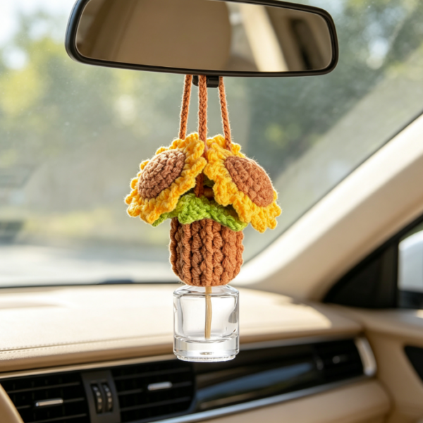 Crochet Sunflower Potted Plant Car Aromatherapy Pendant – Hanging Glass Diffuser