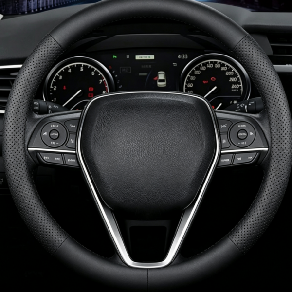 Fully Perforated Black Faux Leather Steering Wheel Cover – Minimalist Solid Color, Non-Slip, All-Season