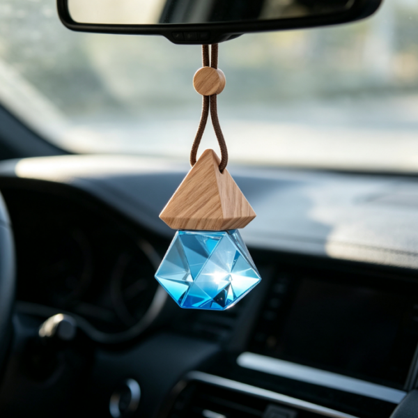 Diamond-Cut Blue Glass Car Aromatherapy Pendant – Hanging Diffuser Bottle