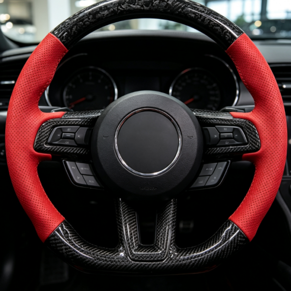 Red & Carbon Fiber Style Spliced ​​Steering Wheel Cover – Racing-Inspired Design