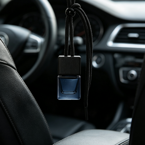 Square Car Diffuser Bottle with Black Wood Cap – Minimalist Business-Style Hanging Accessory