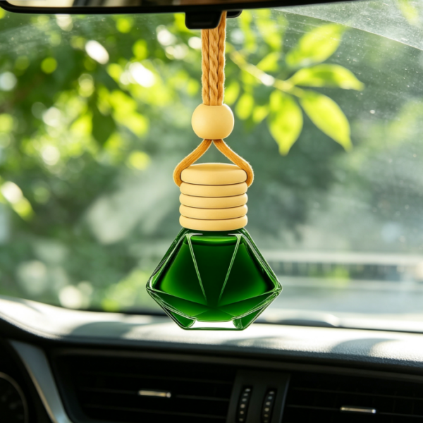 Diamond-Cut Green Glass Car Diffuser Pendant – Rearview Mirror Ornament with Natural Wood Cap