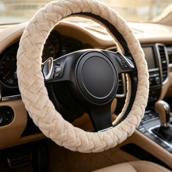 Off-White Knitted Plush Winter Car Steering Wheel Cover – Thickened & Warm